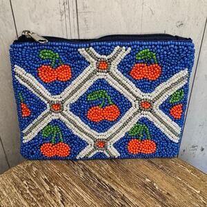 Beaded Blue Coin Purse Cherry Cherries Fun Summer Womens Travel Pouch NEW!